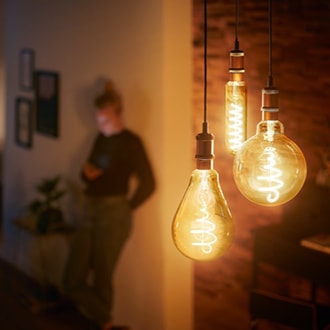 Philips Vintage LED bulbs hanging from the ceiling with detailed filament showing