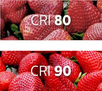 "Comparison of strawberries under CRI 80 and CRI 90 lighting, demonstrating enhanced colour rendering for fresh produce displays."
